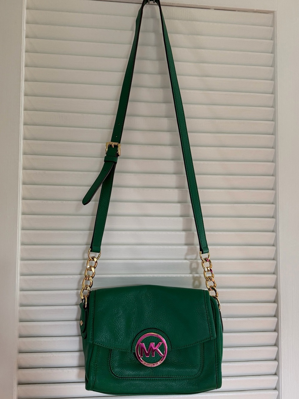 Michael Kors Emerald Green Leather Crossbody with Gold Chain Accents